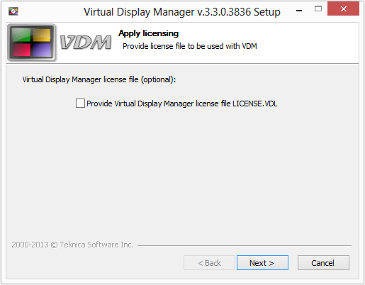 License screen offers an opportunity to apply VDM license file LICENSE.VDL.