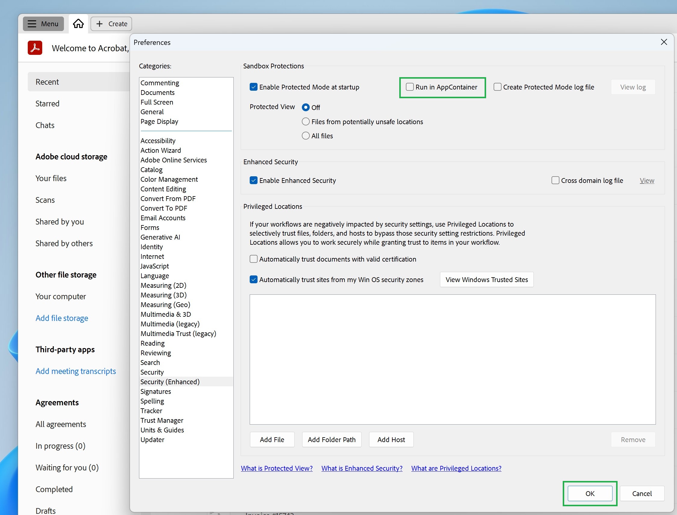Acrobat AppContainer OFF Acrobat AppContainer OFF