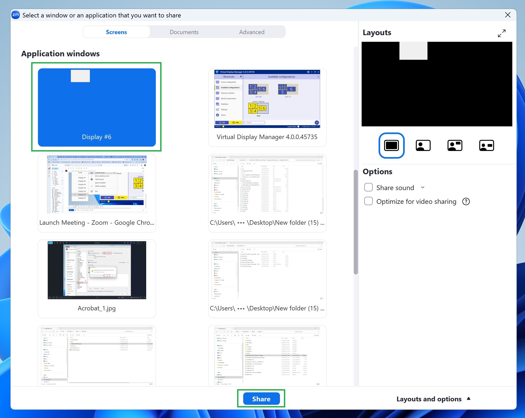 Zoom Screen Sharing of Virtual Displays